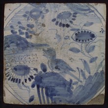 Chinese tile, blue on white, inside circle water with bird and flowers, wall tile tile sculpture ceramic earthenware glaze