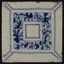 Ornament tile, blue draft on white ground, central decor with square frame in which foglie ornament, zigzag lines, wall tile
