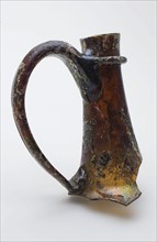 Fragment of shoulder, neck, lip and handle of pouring bottle or decanter, pouring bottle bottle holder soil find glass, attached