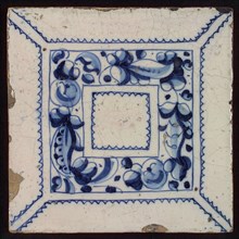 Tile, blue draft on white ground, central decor with square frame in which foglie ornament, zigzag lines, wall tile