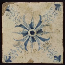 Ornament tile, blue on white, central dot, around which stylized flower shape ending in two diagonals, clocks, wall tile