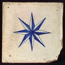 Ornament tile, blue on white, centrally fine eight-pointed star, wall tile tile sculpture ceramic earthenware glaze, baked 2x