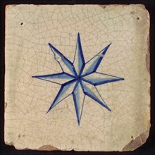 Tile, blue on white, centrally fine eight-pointed star, partly light blue filled with dark blue lines, wall tile tile sculpture