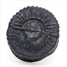 Pewter or lead cap with moon face in halo and text, lid closure holder soil find souvenir tin lead metal, die-cast Cap