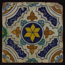 Tile, blue, green, brown and yellow on white, central yellow star in circle, sgraffito surfaces, corner motif quarter rosette