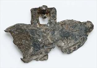Fragment tin object or herd, batter artifact soil find tin metal, cast Piece of batter with an open worked flat square
