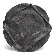 Pewter disc, round with square in the middle, disc artifact soil find tin metal, casted punched Round metal disc in which square