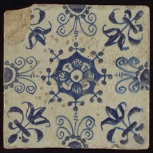 Tile, blue on white, centrally flower within star shape, three-piece around, half rosette, corner pattern lily, wall tile