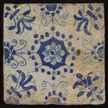 Tile, blue on white, central flower within star shape, three-piece around, half rosette, corner pattern lily, wall tile