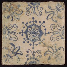 Tile, blue on white, centrally flower inside star shape, three-piece around, half rosette, corner pattern lily, wall tile