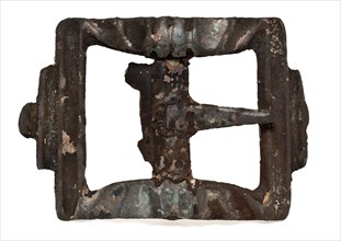 Rectangular buckle with strong profiled frame, shoe buckle, buckle fastener part soil find brass copper metal, cast Rectangular