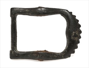 Brass buckle with serrated half-round side, buckle fastener part soil find copper brass metal, cast Copper buckle with serrated