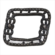 Pewter buckle with open frame, two bows, buckle fastener component soil find tin metal, cast Pewter clasp: rectangular openwork