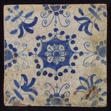Tile, blue on white, central flower within star shape, three-piece around, half rosette, corner pattern lily, wall tile