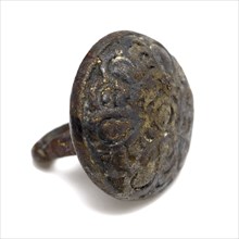Button with embossed floral decor, knot clothing accessory clothing soil find brass metal, cast drilled Quarter ball pierced rod