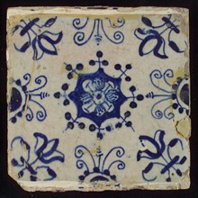 Tile, blue on white, central flower within star shape, three-spot around, half rosette, corner pattern lily, wall tile
