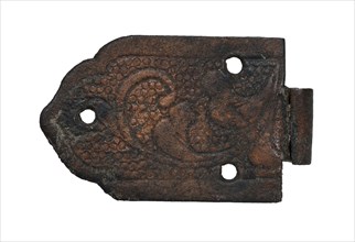 Decorated fittings, belt or book fittings, herd ground find copper metal, beaten Single horseshoe with part of hinge