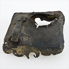 Rectangular lid with rotating latch, lid closure soil find copper metal, Rectangular lid cut out of plate and bent. Narrow