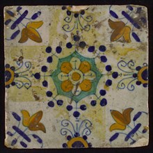 Tile, blue draft, yellow, green and orange on white, central flower within star shape, three-spot around, half rosette, corner