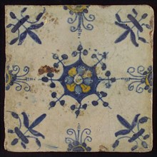 Tile, blue draft and yellow on white, central flower within star shape, three-spot around, half rosette, corner motif lily, wall