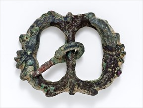 Decorated brass buckle with two oval eyes, buckle fastener component soil find copper brass metal, molded Buckle