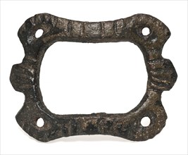 Shoe buckle with decoration and holes on the corners, buckle fastener component soil find bronze copper metal, cast Shoe buckle