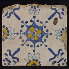 Tile, blue pull and orange on white, central flower within star shape, three-piece around, half rosette, corner pattern lily