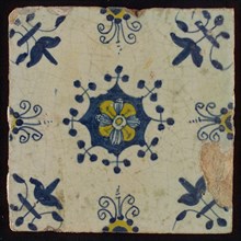Tile, blue draft and yellow on white, central flower within star shape, three-spot around, half rosette, corner pattern lily