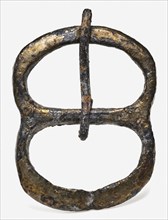 Copper buckle with two oval eyes and smooth handle, buckle fastener part soil find copper brass metal, cast Copper buckle