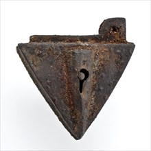 Iron padlock, triangular in shape, padlock lock closing device soil find iron metal, forged Triangular iron padlock with flat
