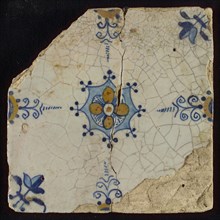 Tile, blue pull and orange on white, central flower within star shape, three-piece around, half rosette, corner pattern lily
