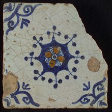 Tile, blue draft and orange on white, centrally flower within star shape, three-spot around, corner pattern ossenkop, wall tile