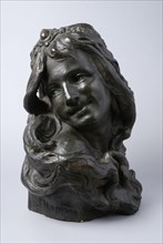 Simon Miedema, Bronzed bust of woman, laughing over her shoulder, with long hair and diadem in the hair, Delila, bust sculpture