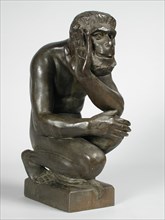 sculptor: Pier Pander, Image of squatting ape man, representing Adam, on pedestal, sculpture sculpture bronze metal, modeled
