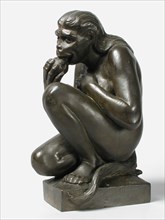 sculptor: Pier Pander, Image of female man monkey eating apple, presenting Eva, on pedestal, sculpture sculpture bronze metal