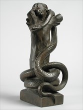 sculptor: Pier Pander, Image of snake circling around tree trunk, presenting paradise snake, on pedestal, sculpture sculpture