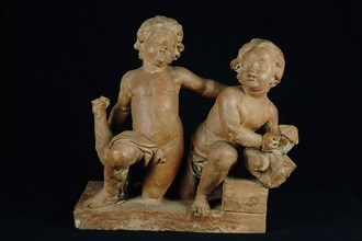 Terracotta statue of two children, one with cock, the other with lantern in their hands, personifications of Day and Night
