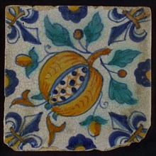 Ornament tile, blue draft, orange, brown and green on white, centrally diagonally placed pomegranate, half rosette, corner motif