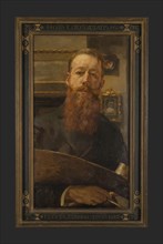 Huib Luns, Self-portrait of Huib Luns, self-portrait portrait painting sculptures wood oil, Standing rectangular portrait of man