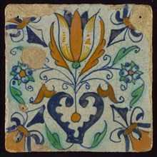 Tile, blue draft, orange, brown and green on white, centrally tulip and heart, corner motif lily, wall tile tile material