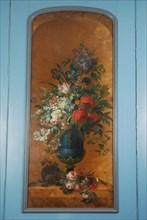 Willem van Leen, Penant piece, vase with flower arrangement in niche, still life painting sculptures linen oil paint, Cloth