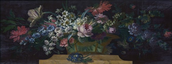 Willem van Leen, Upper door with basket filled with flowers on pedestal made of marble, still life painting footage linen paint