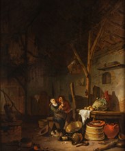 Egbert van der Poel, Farm interior with 'stirring' couple and still life in the foreground, painting footage oil paint paint