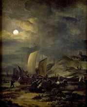 Egbert van der Poel, Beach with fishing boats by moonlight, painting footage oil painting wood, Painting: oil on panel standing