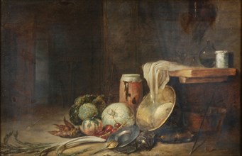 Willem Kalf, Interior with still life of vegetables and tableware, still life painting visual material wood oil, Painting: oil