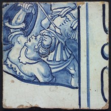 Tile of tile picture, blue, white ground, parts of two consecutive biblical scenes, 1-2 battle with Roman soldiers on horseback