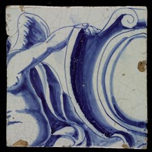 Tile of tableau in blue on white ground with repetitive pattern of front angels, amors, between cartouches, tile picture footage