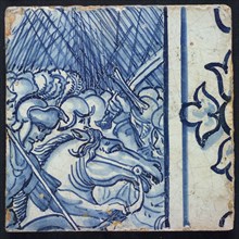 Tile of tile picture, blue, white ground, parts of two consecutive biblical scenes, 1-2 battle with Roman soldiers on horseback
