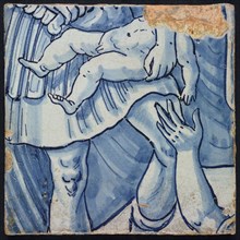 Tile of tile panel, blue, white ground, parts of two consecutive biblical scenes, 3-6 men behind curtain, soldier and child