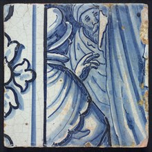 Tile of tile picture, blue, white ground, parts of two consecutive biblical scenes, 3-6 men behind curtain, soldier and child